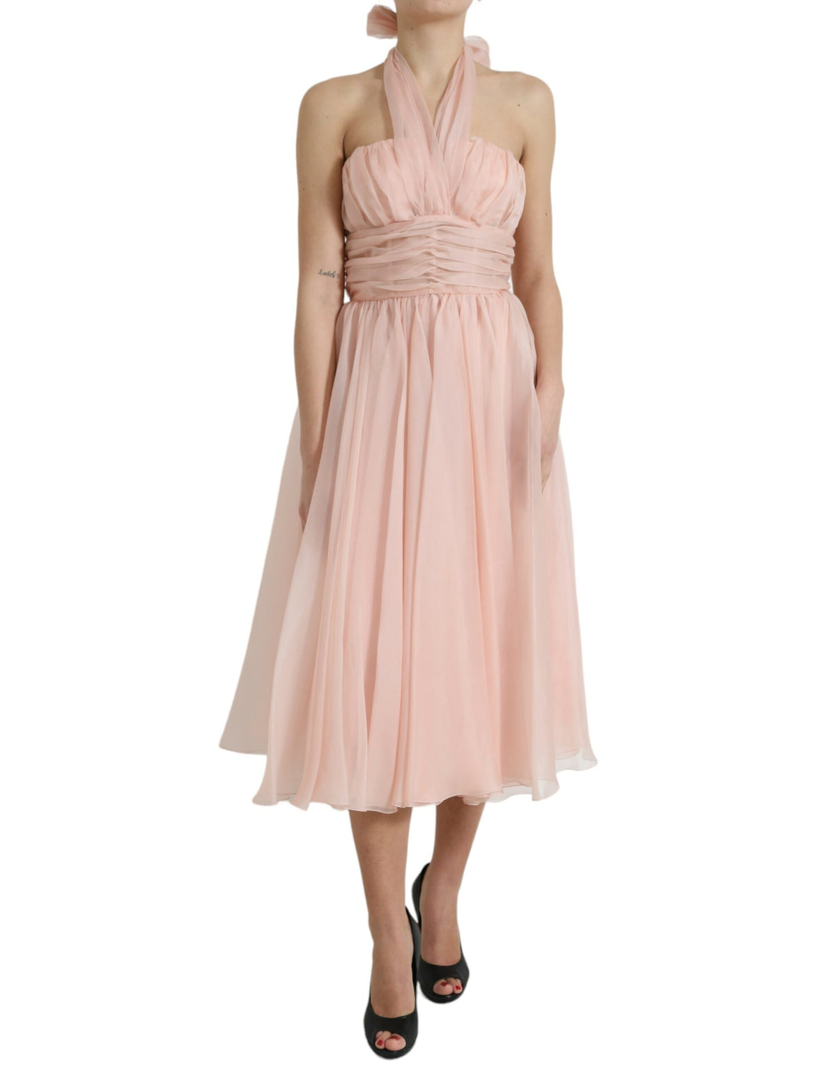 Dolce & Gabbana Pink Silk Chiffon Halter Pleated A-Line Midi Dress – 100% Silk