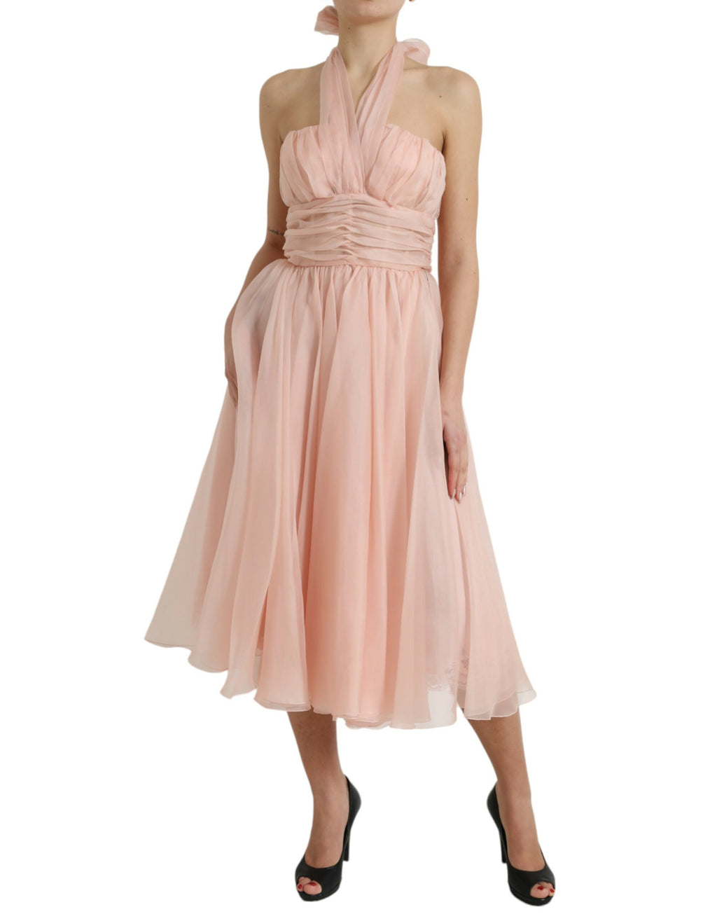 Dolce & Gabbana Pink Silk Chiffon Halter Pleated A-Line Midi Dress – 100% Silk