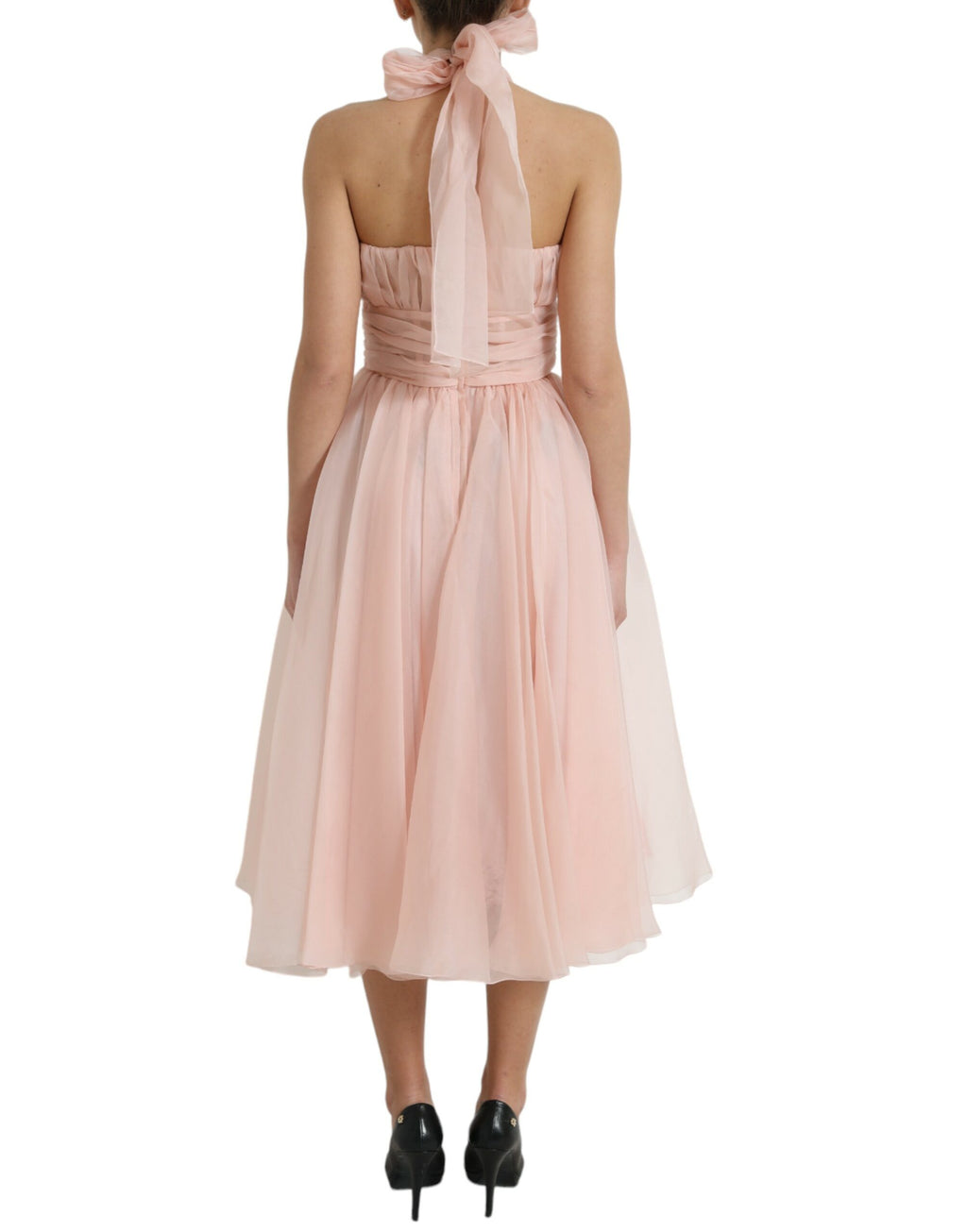Dolce & Gabbana Pink Silk Chiffon Halter Pleated A-Line Midi Dress – 100% Silk