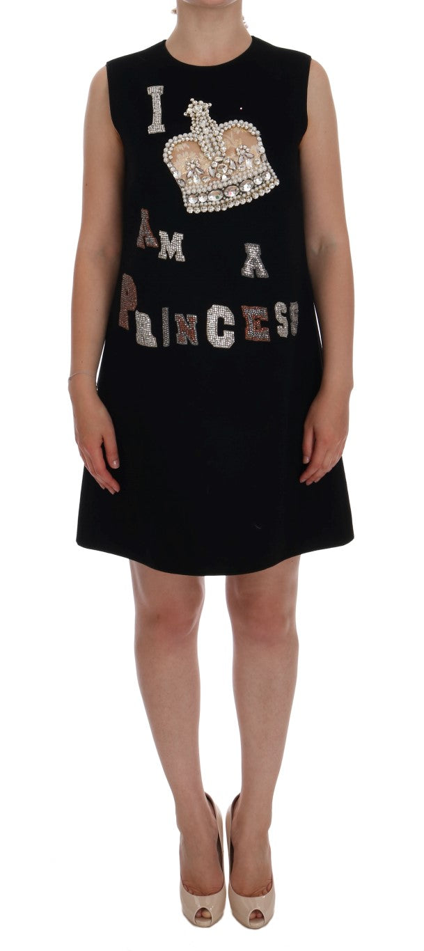 Dolce & Gabbana Black 100% Wool 'I AM A PRINCESS' Crystal Shift Dress – Pearls, Zipper, Italian