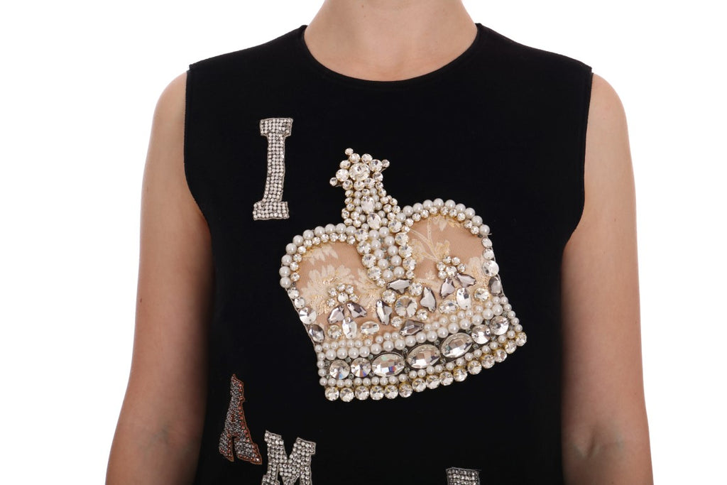 Dolce & Gabbana Black 100% Wool 'I AM A PRINCESS' Crystal Shift Dress – Pearls, Zipper, Italian