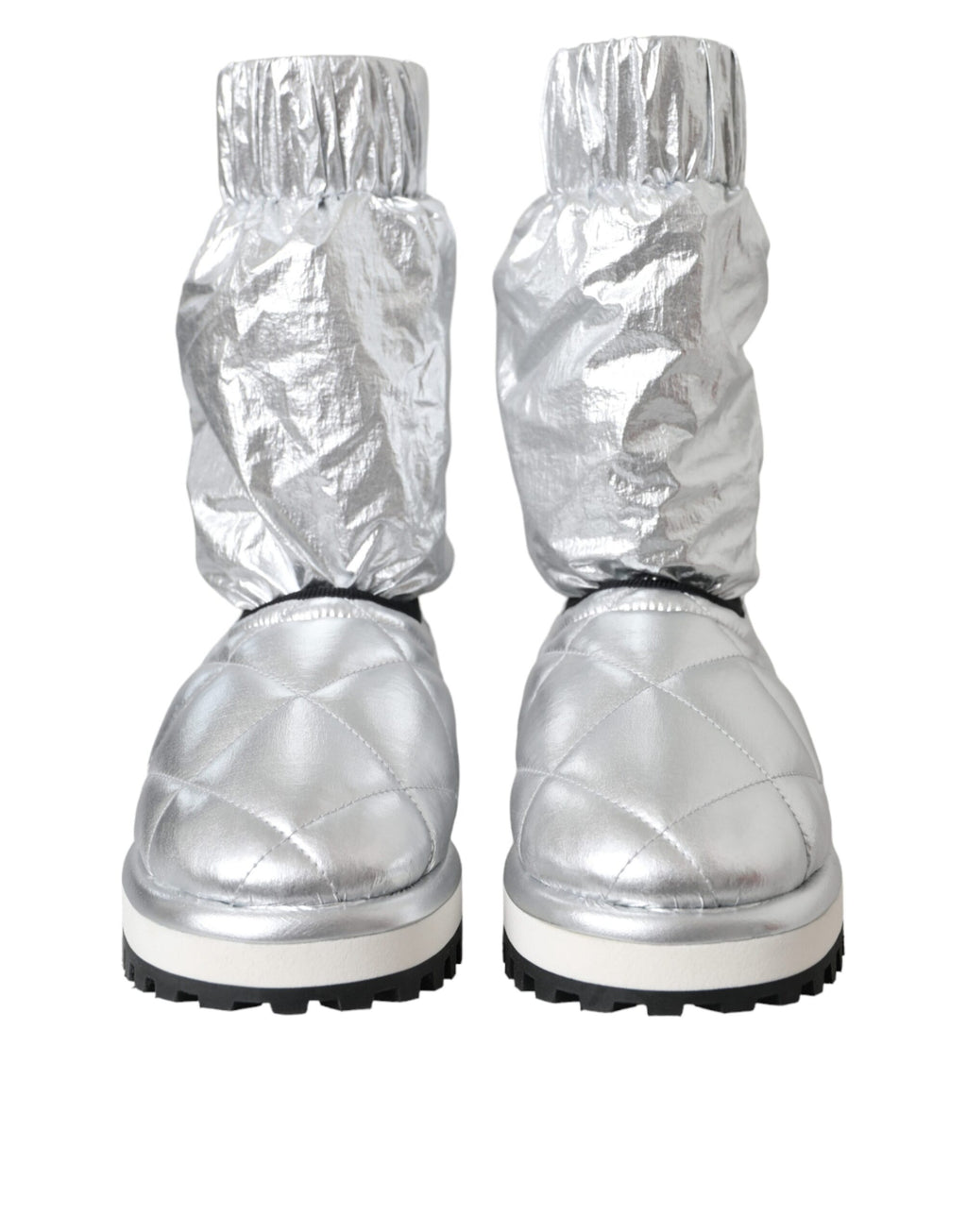 Dolce & Gabbana Silver Metallic Quilted Logo Patch Mid-Calf Boots – Nylon-Viscose, Rubber Sole, Logo, Italian
