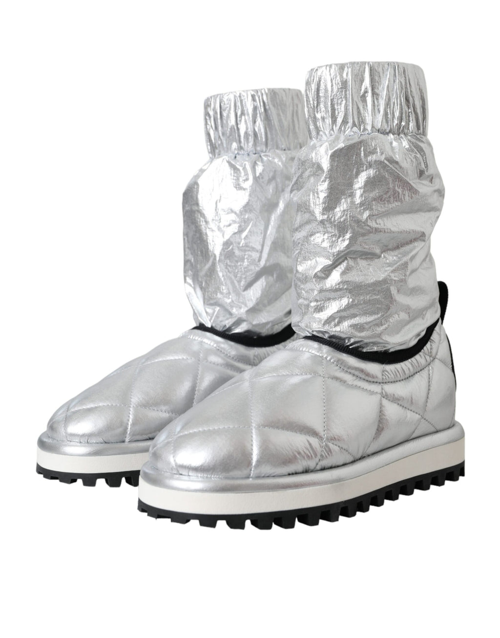 Dolce & Gabbana Silver Metallic Quilted Logo Patch Mid-Calf Boots – Nylon-Viscose, Rubber Sole, Logo, Italian