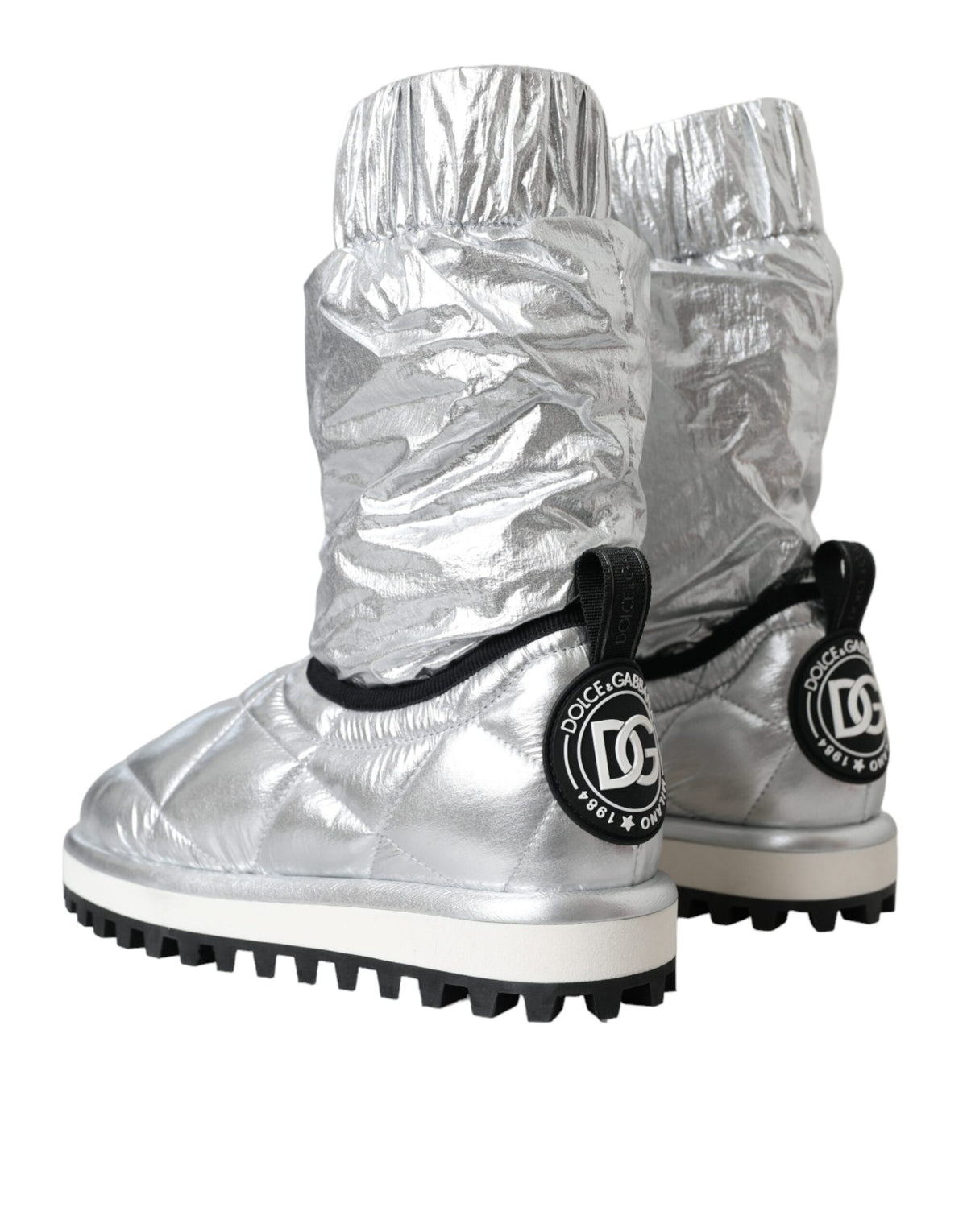 Dolce & Gabbana Silver Metallic Quilted Logo Patch Mid-Calf Boots – Nylon-Viscose, Rubber Sole, Logo, Italian