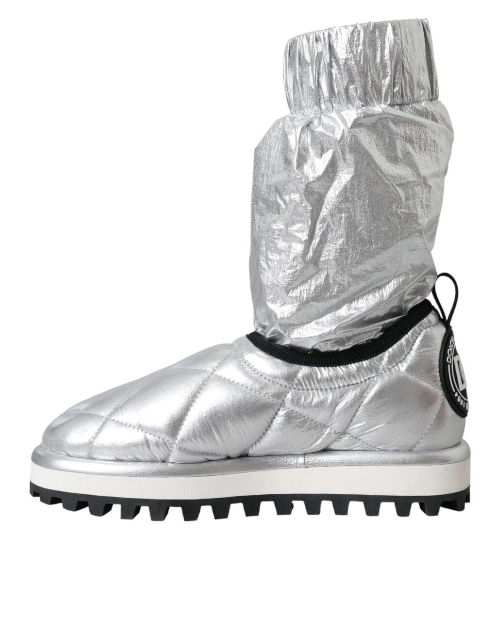 Dolce & Gabbana Silver Metallic Quilted Logo Patch Mid-Calf Boots – Nylon-Viscose, Rubber Sole, Logo, Italian