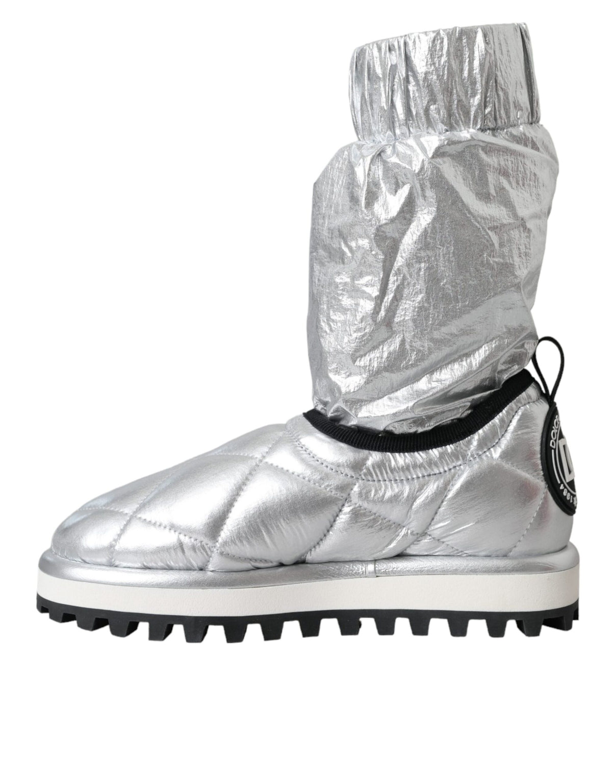 Dolce & Gabbana Silver Metallic Quilted Logo Patch Mid-Calf Boots – Nylon-Viscose, Rubber Sole, Logo, Italian