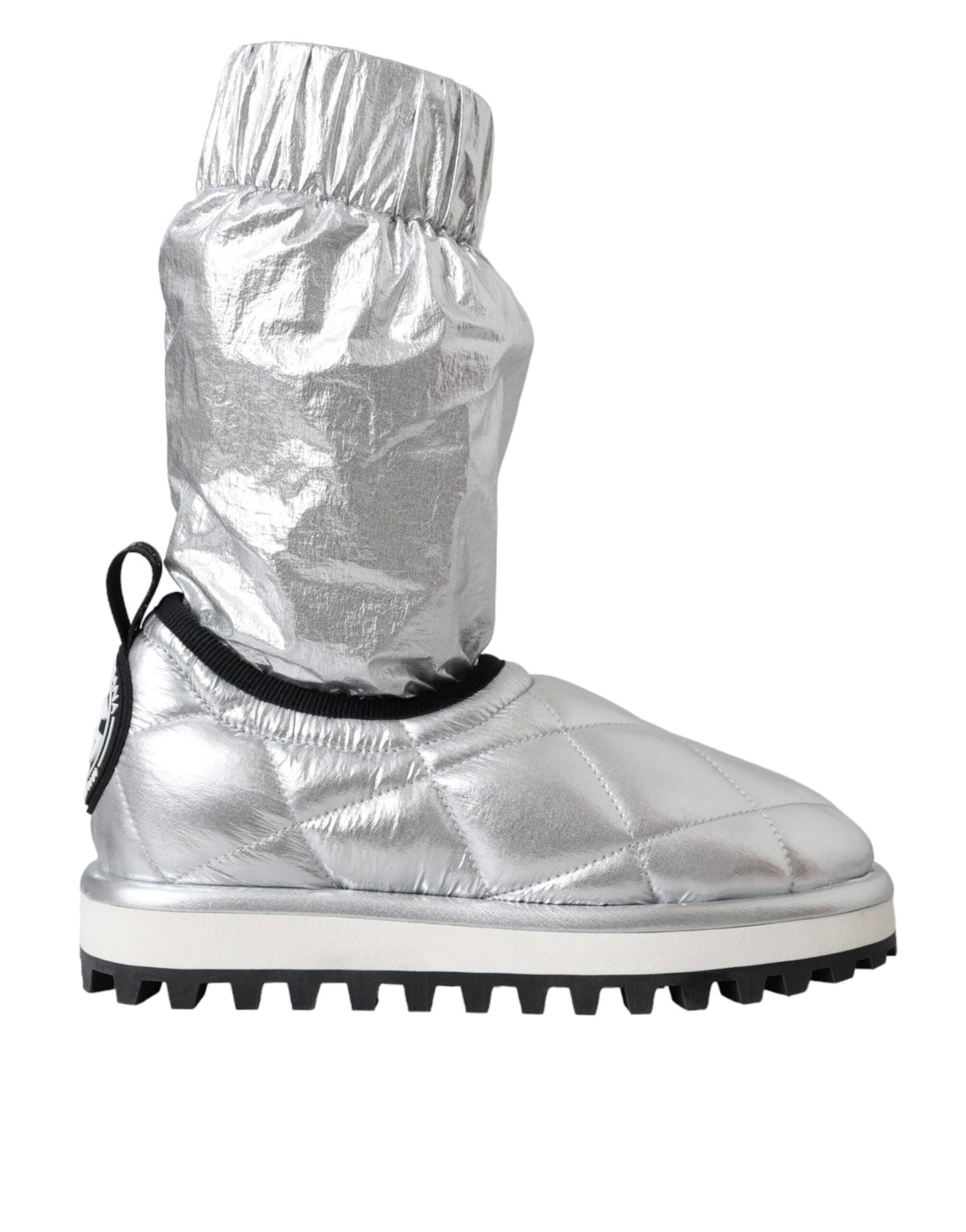 Dolce & Gabbana Silver Metallic Quilted Logo Patch Mid-Calf Boots – Nylon-Viscose, Rubber Sole, Logo, Italian