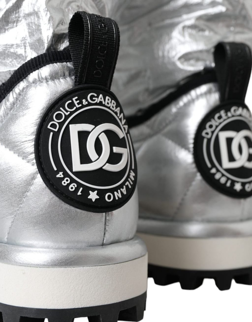 Dolce & Gabbana Silver Metallic Quilted Logo Patch Mid-Calf Boots – Nylon-Viscose, Rubber Sole, Logo, Italian