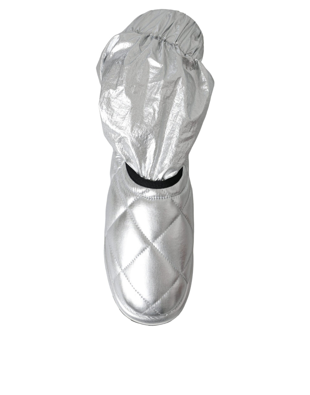 Dolce & Gabbana Silver Metallic Quilted Logo Patch Mid-Calf Boots – Nylon-Viscose, Rubber Sole, Logo, Italian