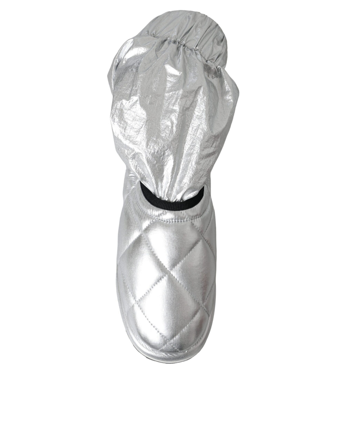 Dolce & Gabbana Silver Metallic Quilted Logo Patch Mid-Calf Boots – Nylon-Viscose, Rubber Sole, Logo, Italian