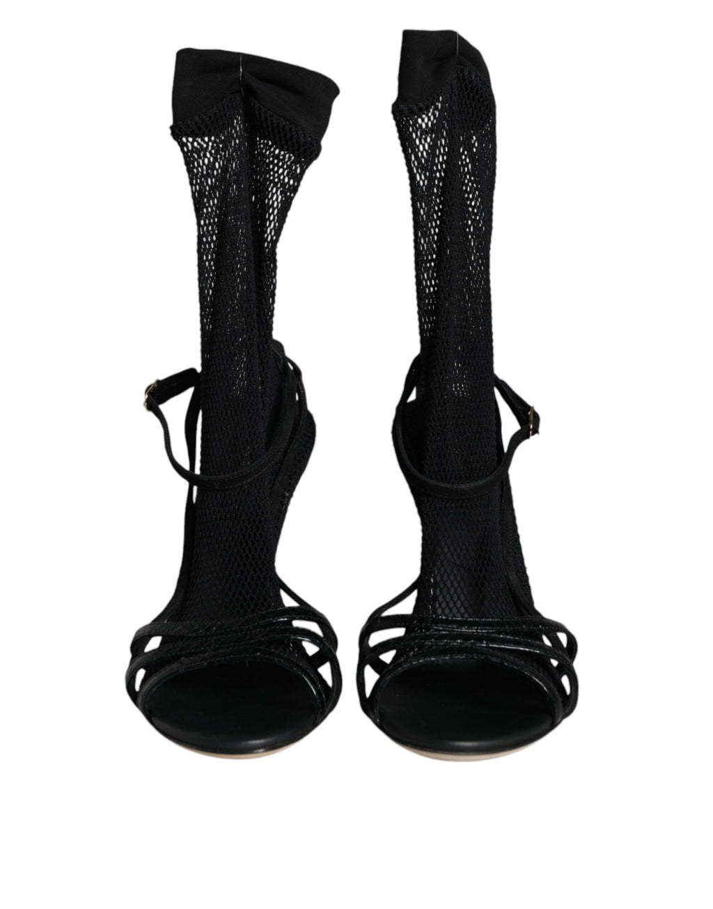 Dolce & Gabbana Black Mesh-Leather Stiletto Sandals – Buckle Closure, Leather Sole, Logo, Italian