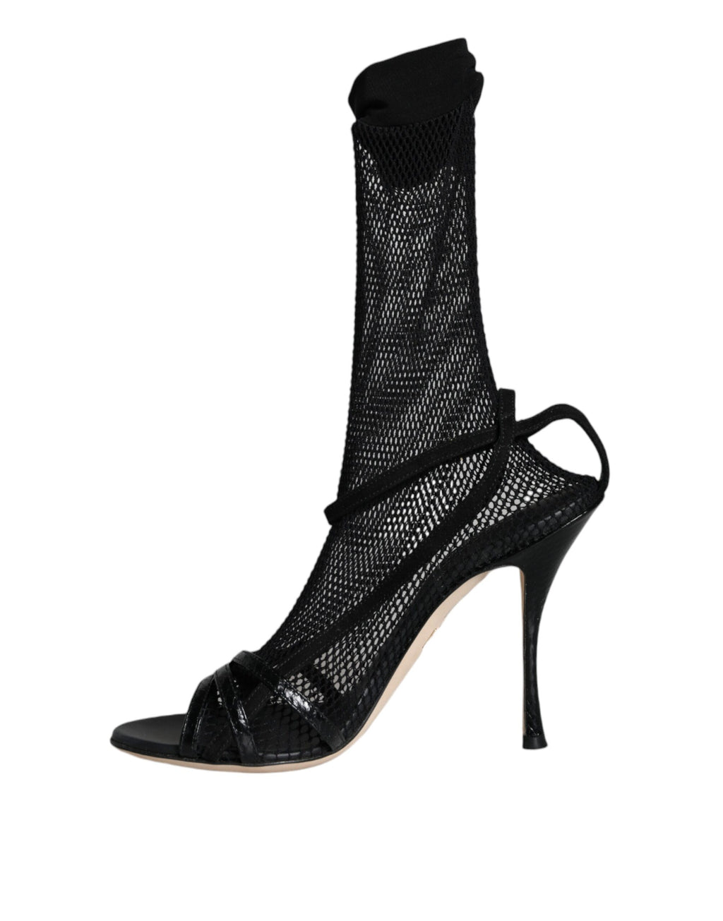 Dolce & Gabbana Black Mesh-Leather Stiletto Sandals – Buckle Closure, Leather Sole, Logo, Italian