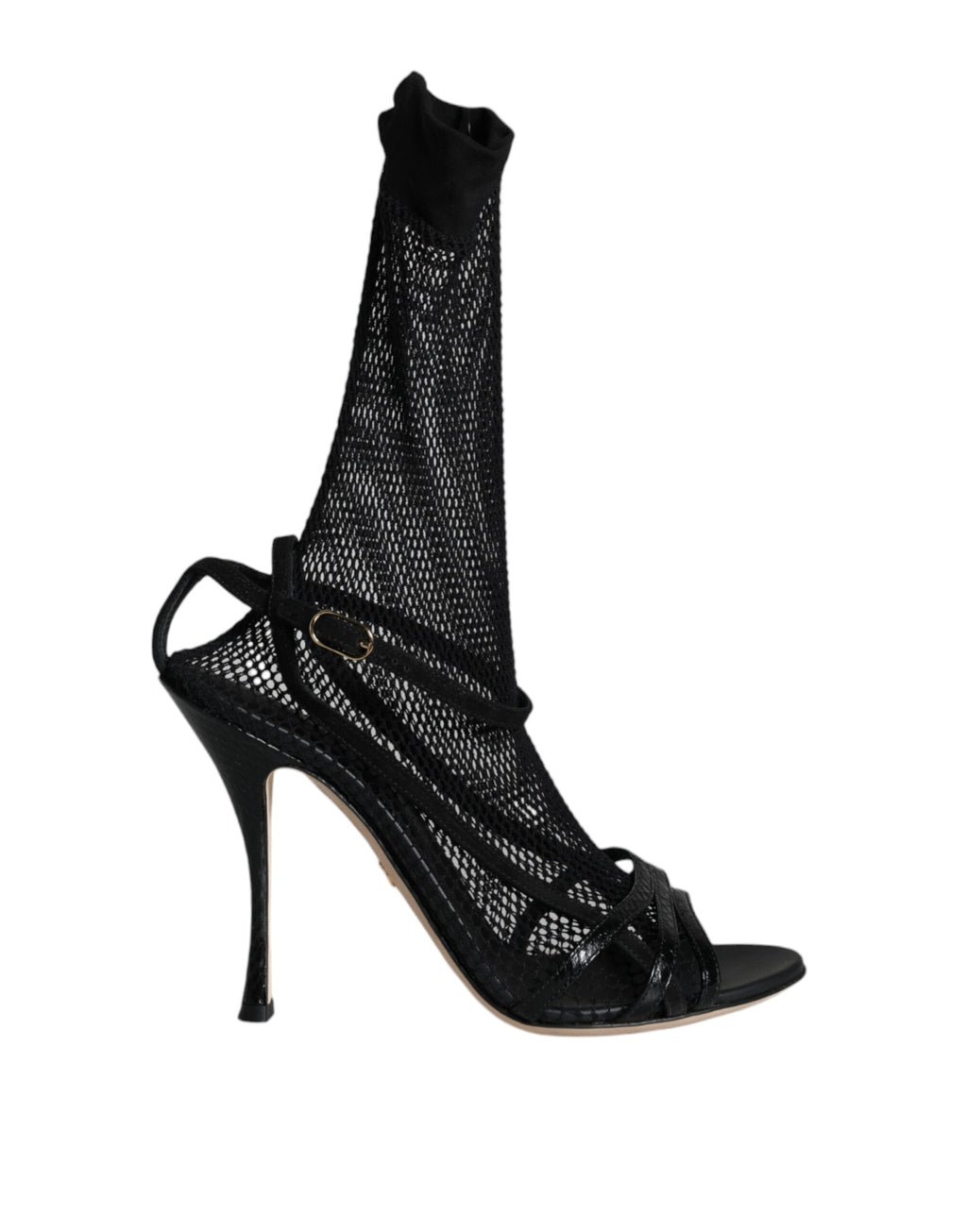 Dolce & Gabbana Black Mesh-Leather Stiletto Sandals – Buckle Closure, Leather Sole, Logo, Italian