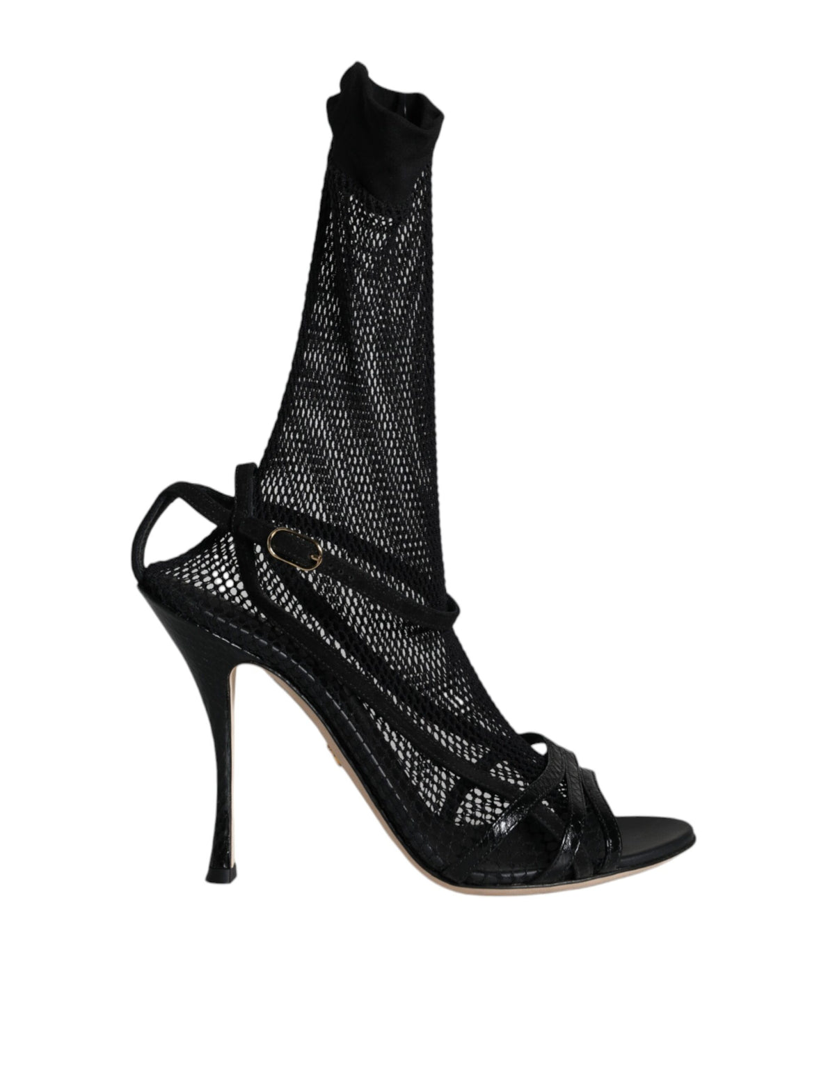 Dolce & Gabbana Black Mesh-Leather Stiletto Sandals – Buckle Closure, Leather Sole, Logo, Italian