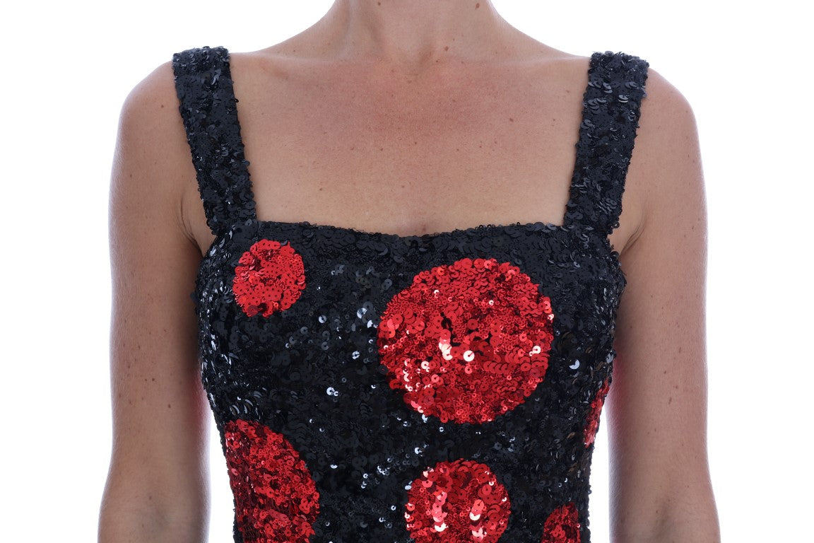 Dolce & Gabbana Black-Red Polka-Dotted Sequin Shift Dress - Sicily