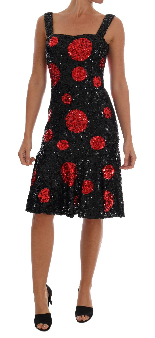 Dolce & Gabbana Black-Red Polka-Dotted Sequin Shift Dress - Sicily