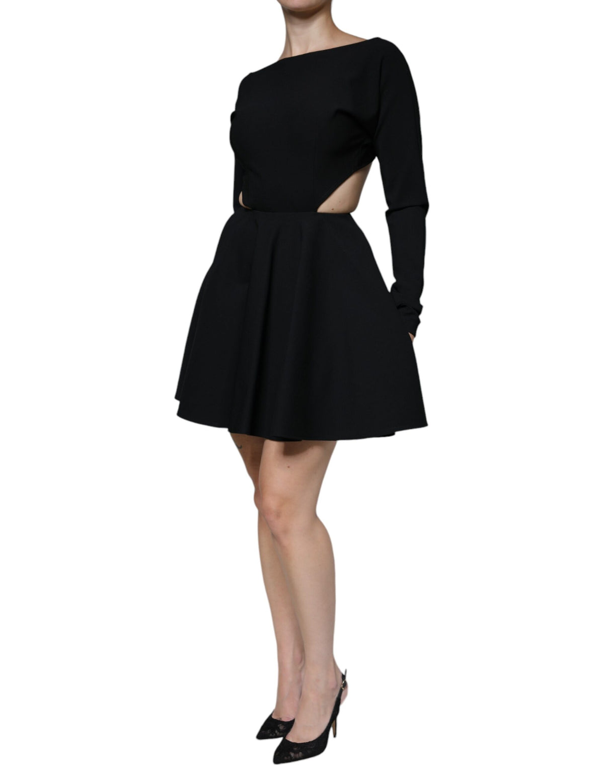 Dolce & Gabbana Black Viscose Cutout Long-Sleeve A-Line Mini Dress
