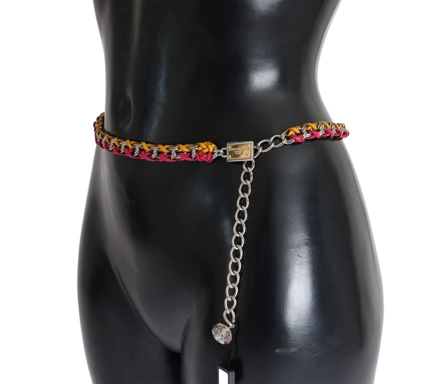 Dolce & Gabbana Red-Yellow Leather Belt - With Crystal and Brass Embellishment