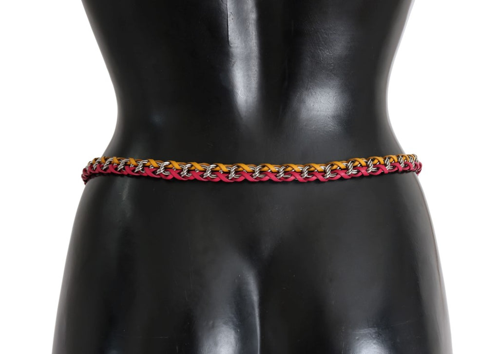 Dolce & Gabbana Red-Yellow Leather Belt - With Crystal and Brass Embellishment
