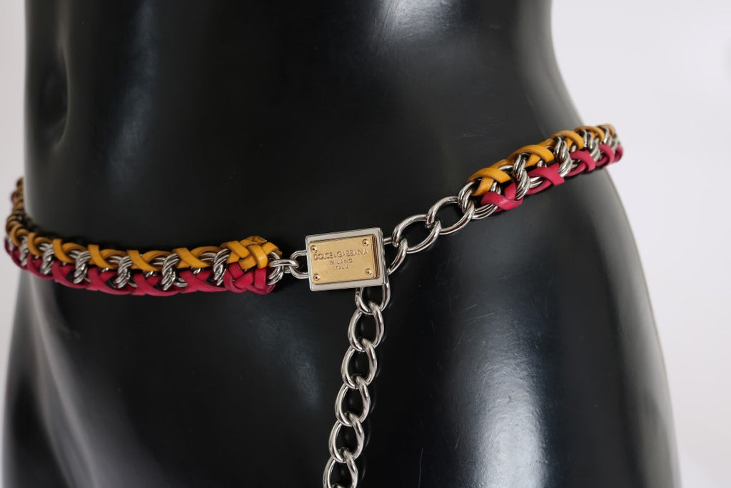 Dolce & Gabbana Red-Yellow Leather Belt - With Crystal and Brass Embellishment