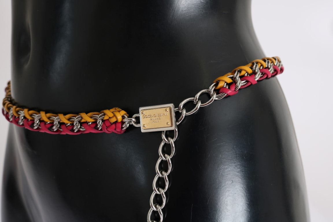 Dolce & Gabbana Red-Yellow Leather Belt - With Crystal and Brass Embellishment