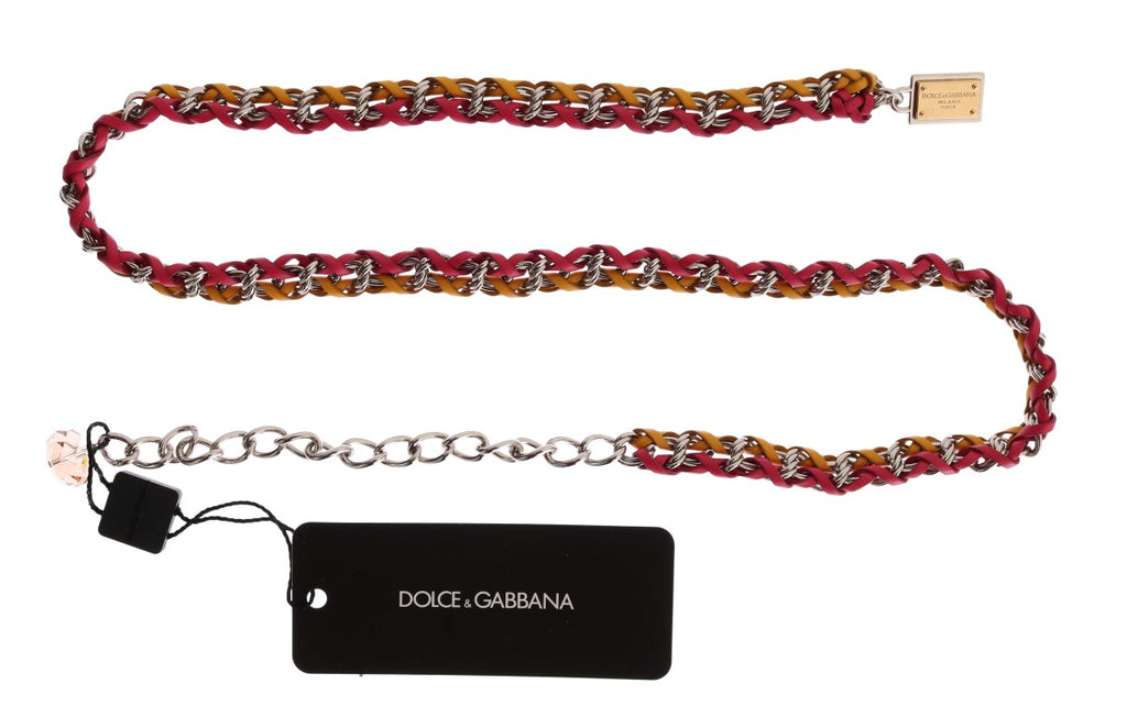 Dolce & Gabbana Red-Yellow Leather Belt - With Crystal and Brass Embellishment