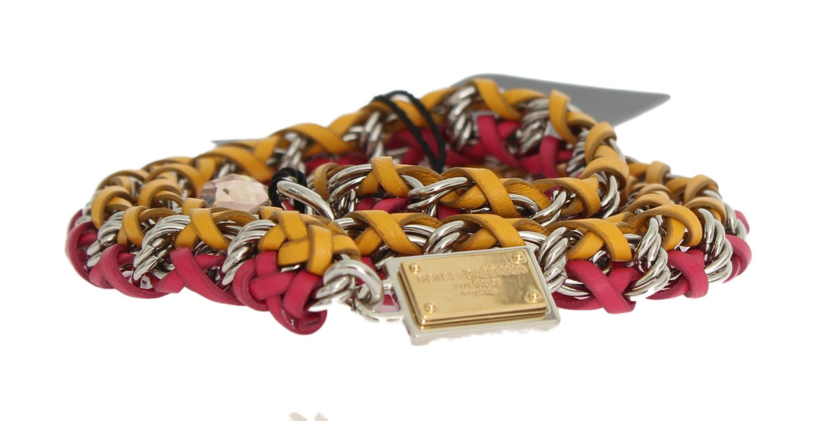 Dolce & Gabbana Red-Yellow Leather Belt - With Crystal and Brass Embellishment