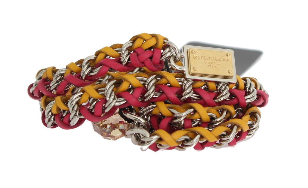 Dolce & Gabbana Red-Yellow Leather Belt - With Crystal and Brass Embellishment
