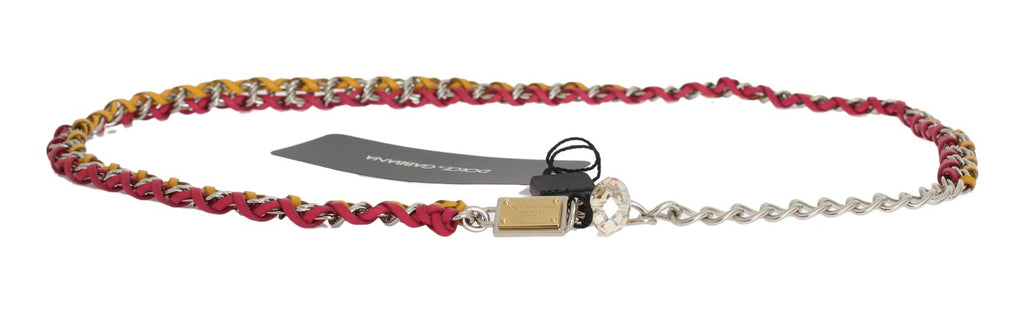 Dolce & Gabbana Red-Yellow Leather Belt - With Crystal and Brass Embellishment