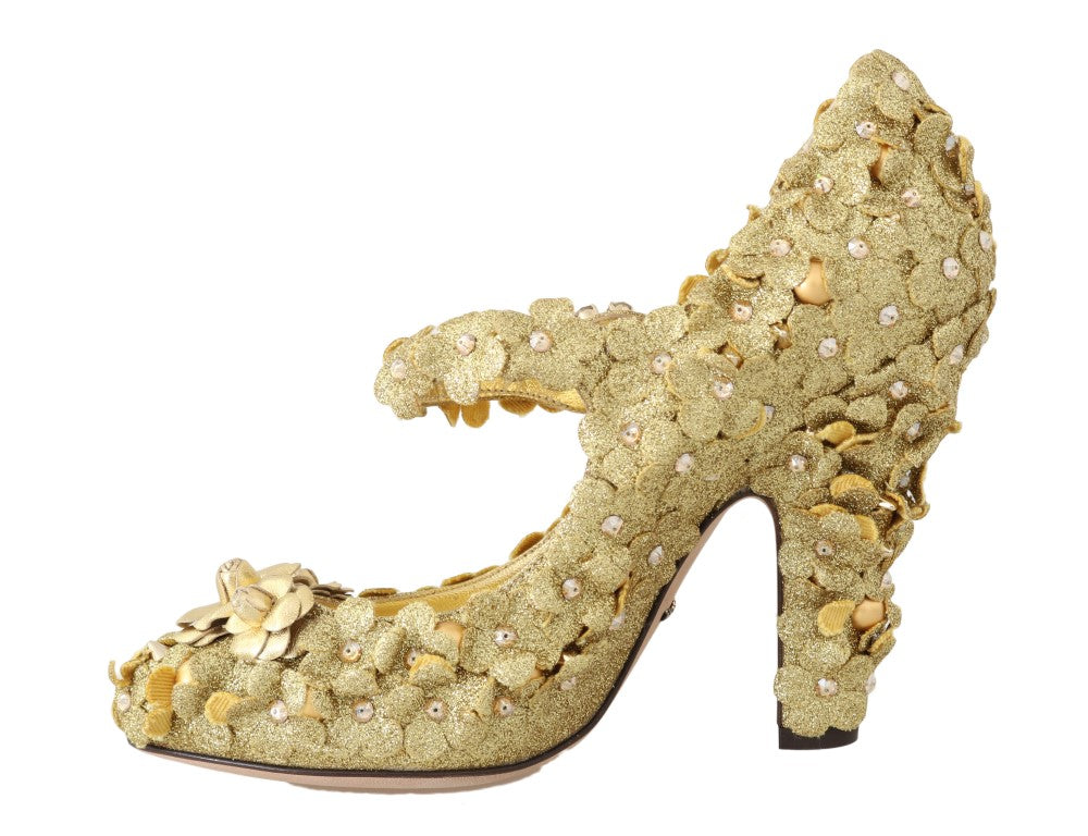 Dolce & Gabbana Gold Floral Crystal Mary Jane Heels