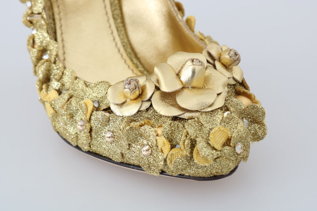 Dolce & Gabbana Gold Floral Crystal Mary Jane Heels