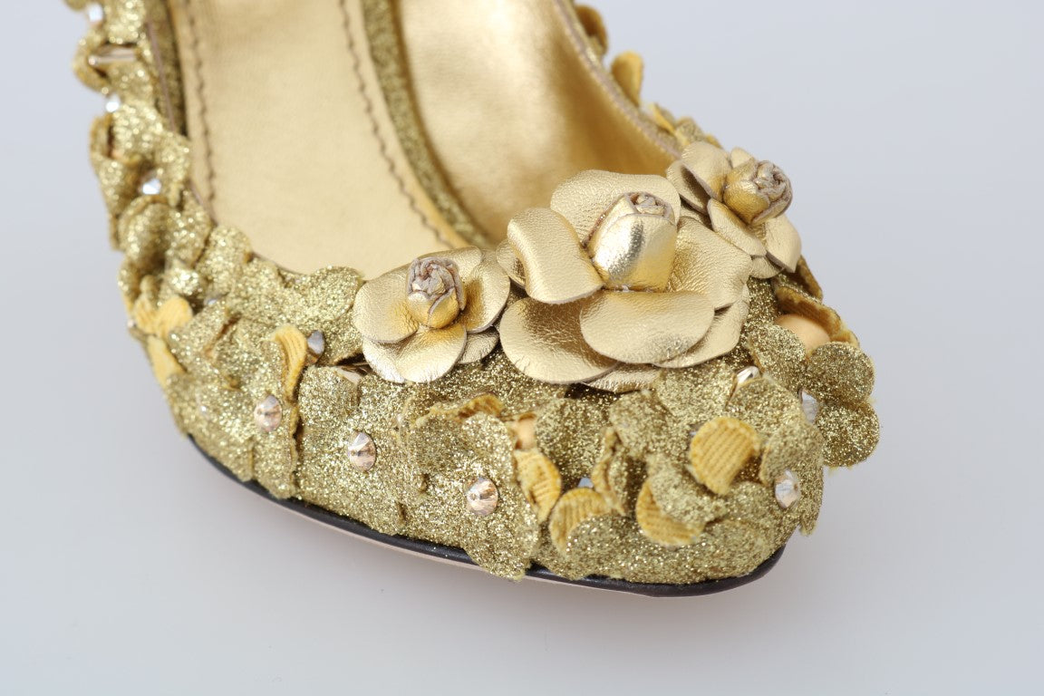 Dolce & Gabbana Gold Floral Crystal Mary Jane Heels