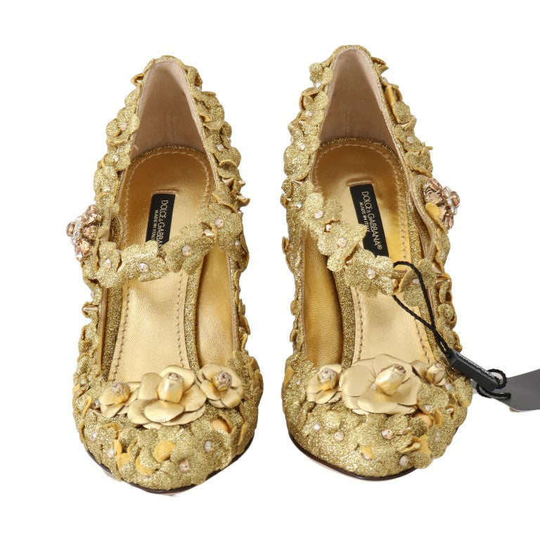 Dolce & Gabbana Gold Floral Crystal Mary Jane Heels