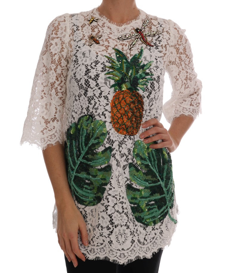 Dolce & Gabbana White Sequin Lace Blouse – Pineapple-Banana Motif, Silk Lining, Back Zipper, Italian