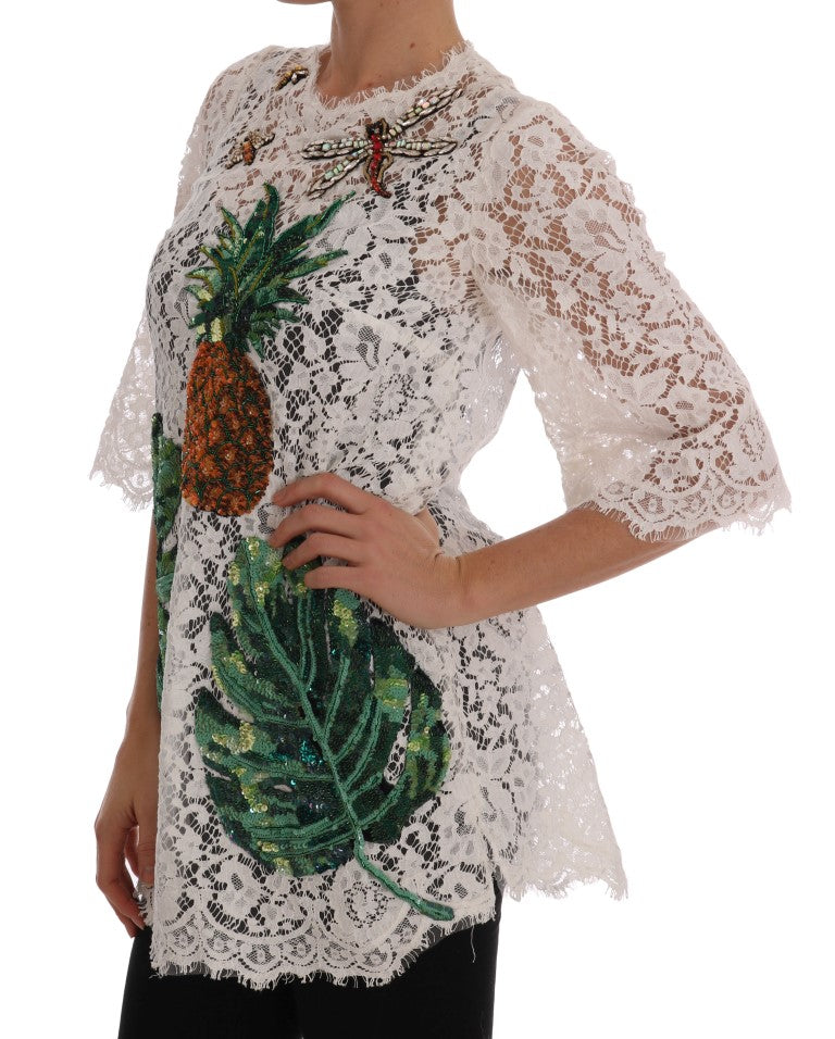 Dolce & Gabbana White Sequin Lace Blouse – Pineapple-Banana Motif, Silk Lining, Back Zipper, Italian