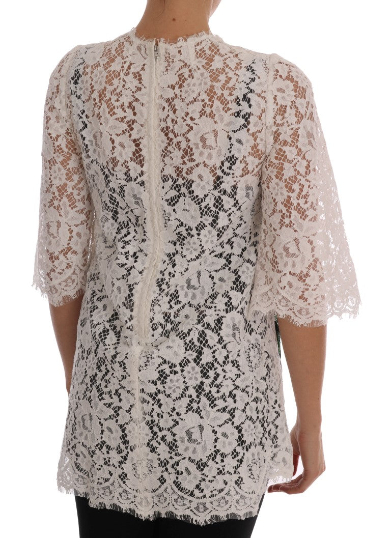 Dolce & Gabbana White Sequin Lace Blouse – Pineapple-Banana Motif, Silk Lining, Back Zipper, Italian