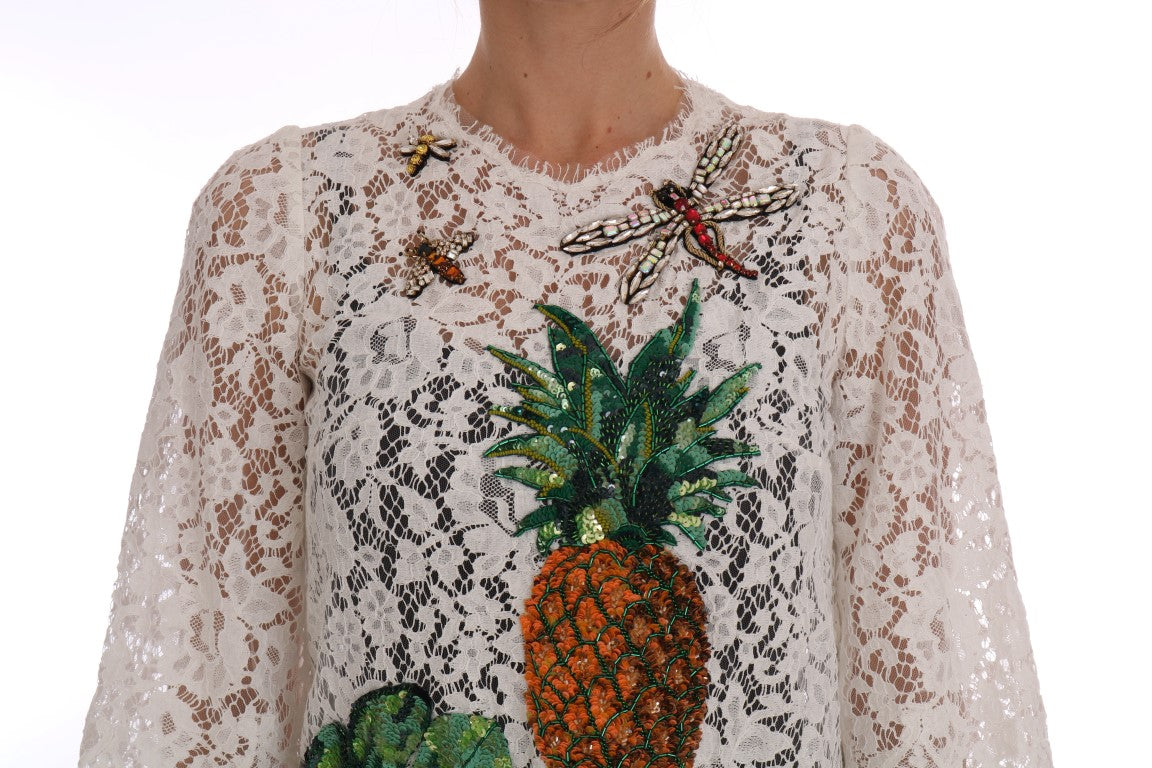 Dolce & Gabbana White Sequin Lace Blouse – Pineapple-Banana Motif, Silk Lining, Back Zipper, Italian