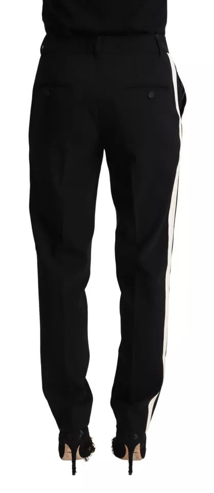 Dolce & Gabbana Black-White Striped Wool-Silk Tapered Trousers – High Waist