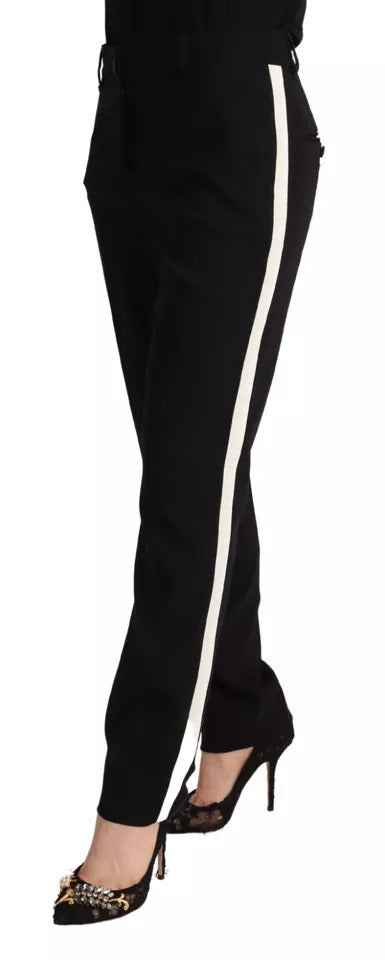 Dolce & Gabbana Black-White Striped Wool-Silk Tapered Trousers – High Waist