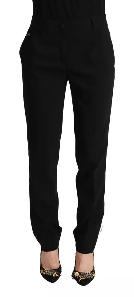 Dolce & Gabbana Black-White Striped Wool-Silk Tapered Trousers – High Waist