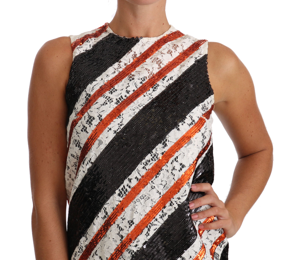 Dolce & Gabbana White-Orange Sequined Lace Shift Dress