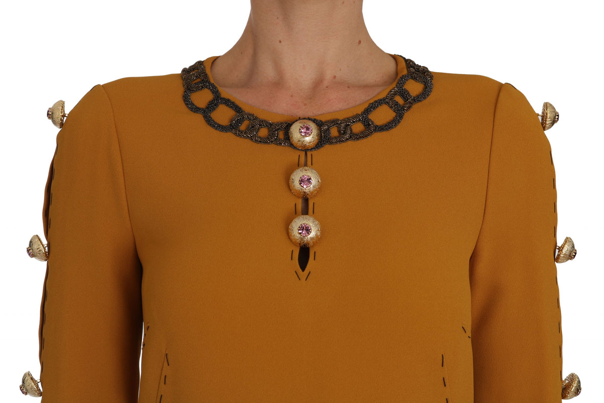 Dolce & Gabbana Light Brown Crystal-Embellished Mini Dress – Long Sleeve