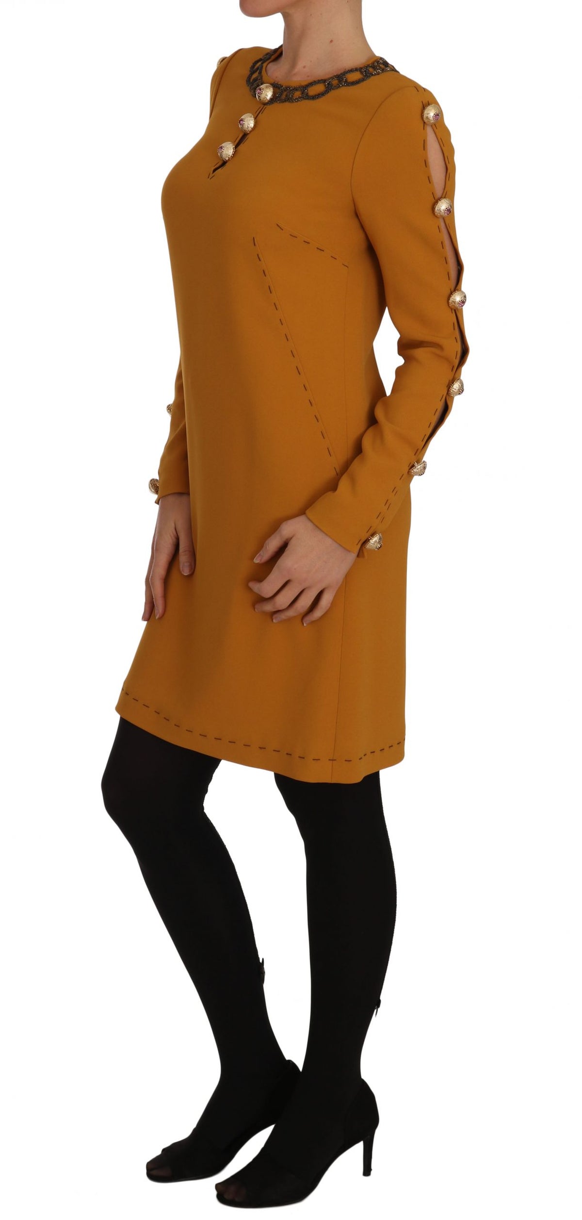 Dolce & Gabbana Light Brown Crystal-Embellished Mini Dress – Long Sleeve