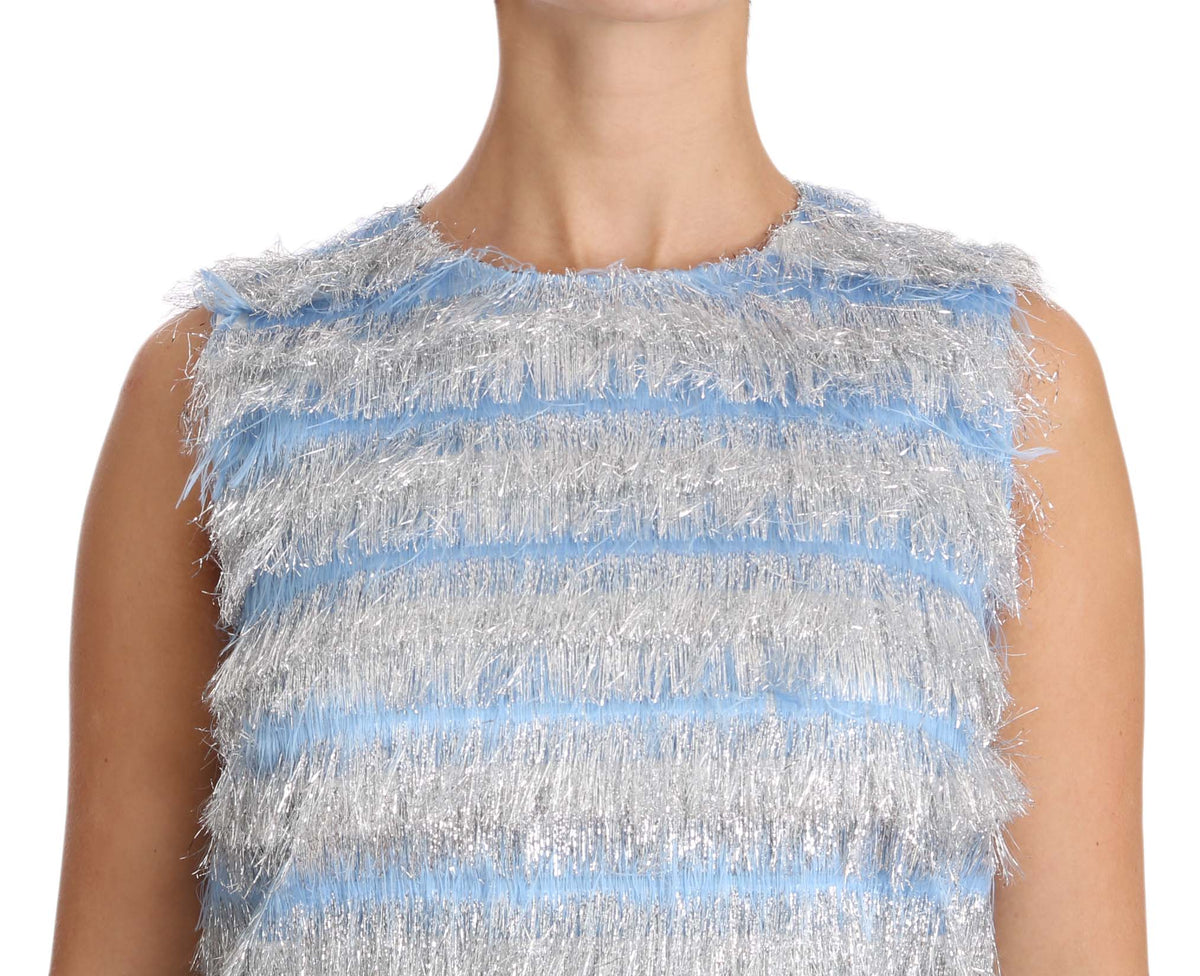 Dolce & Gabbana Light Blue-Silver Fringed Shift Dress – Silk