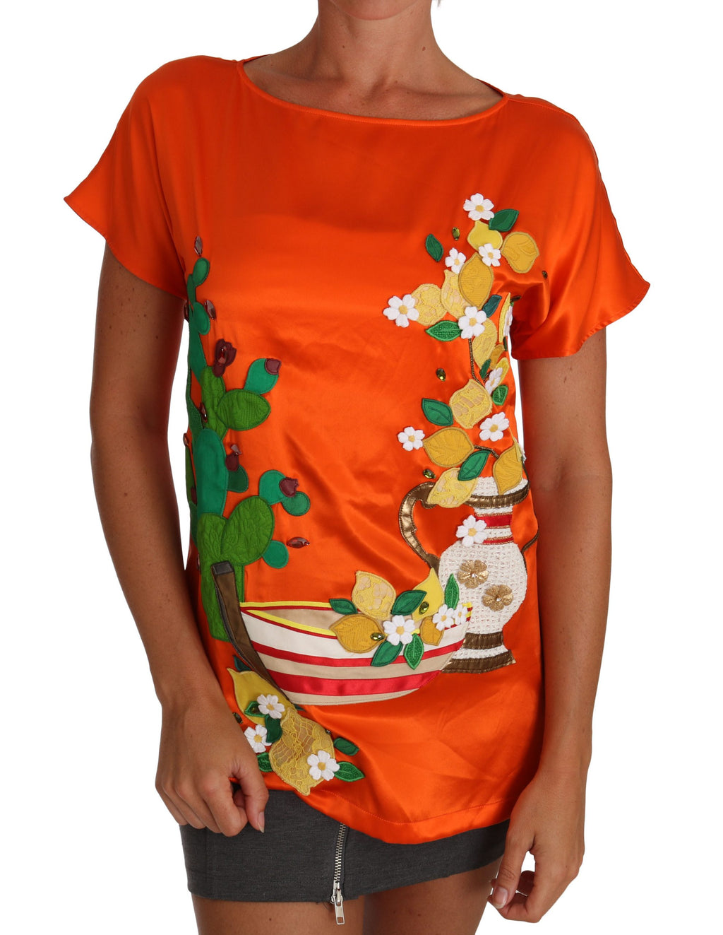 Dolce & Gabbana Orange Silk Lemon Crystal-Embroidered Top – Sicily