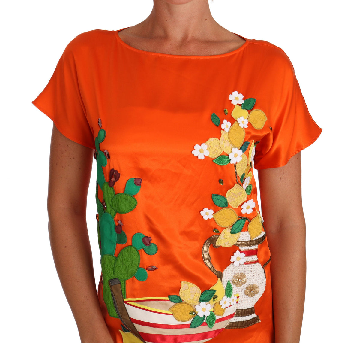 Dolce & Gabbana Orange Silk Lemon Crystal-Embroidered Top – Sicily