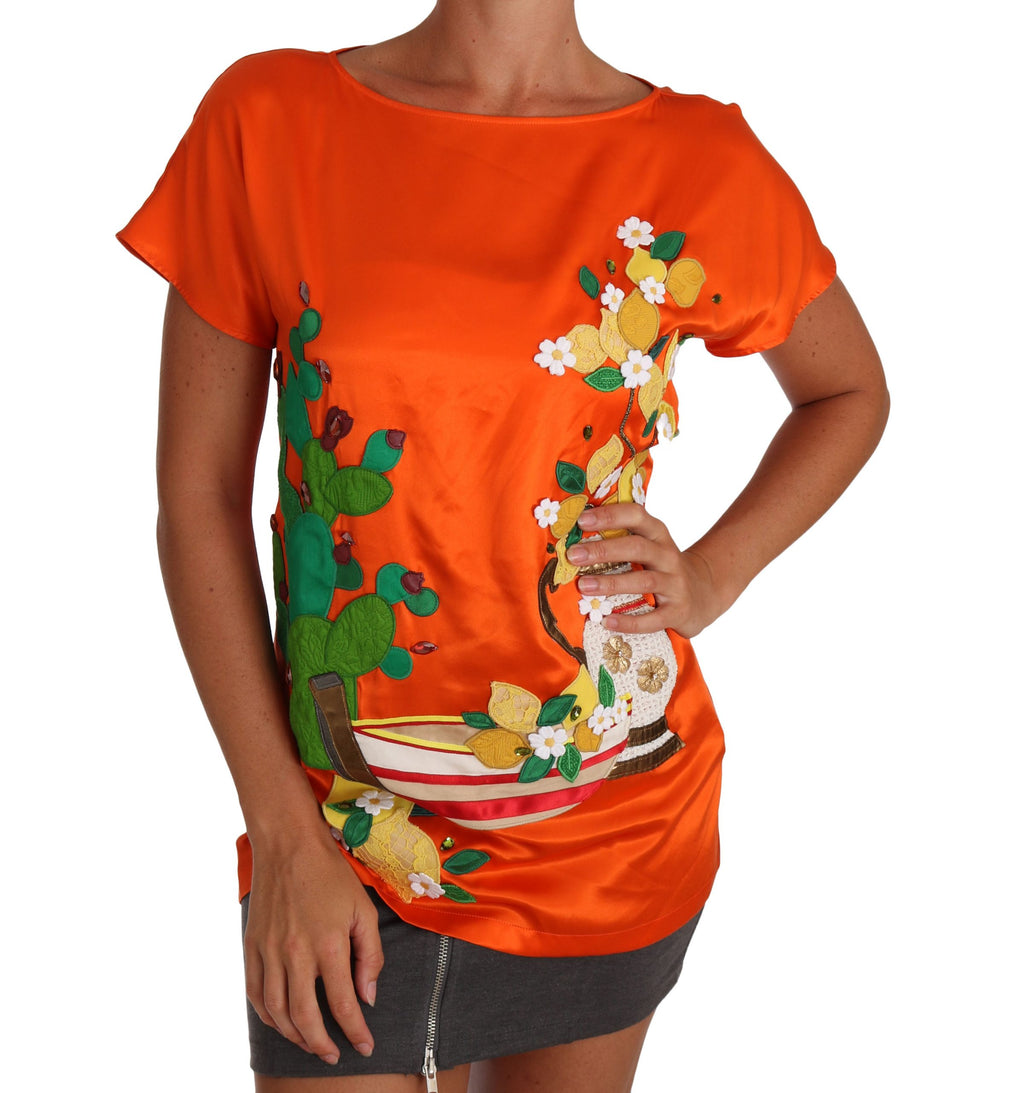 Dolce & Gabbana Orange Silk Lemon Crystal-Embroidered Top – Sicily
