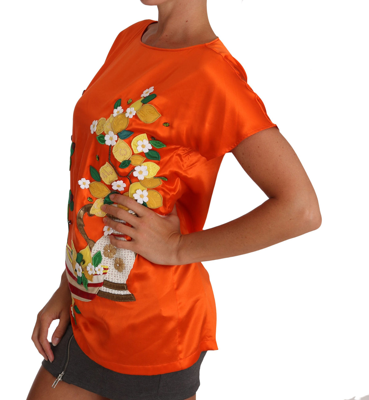Dolce & Gabbana Orange Silk Lemon Crystal-Embroidered Top – Sicily