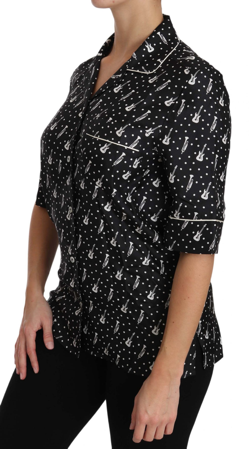 Dolce & Gabbana Black Guitar Trumpet Print Silk Shirt Top