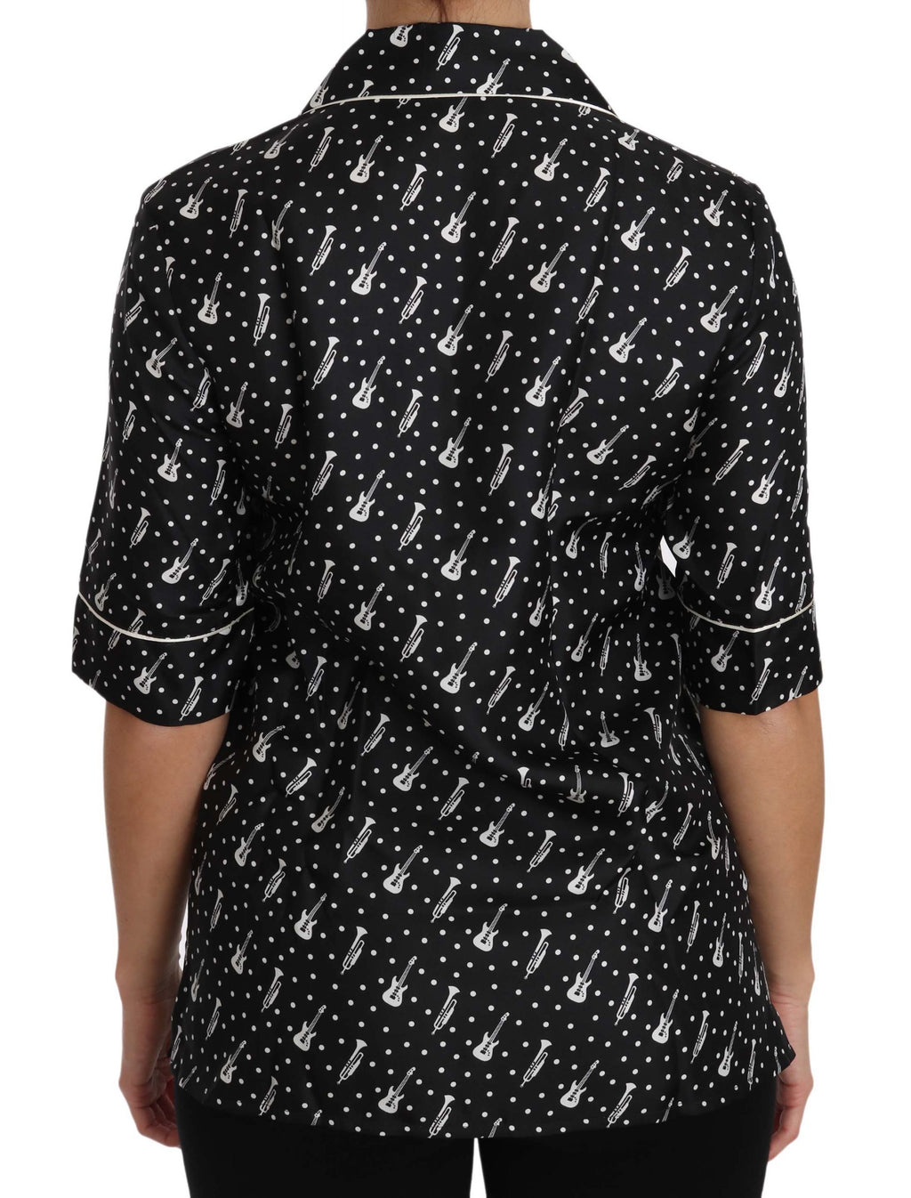 Dolce & Gabbana Black Guitar Trumpet Print Silk Shirt Top
